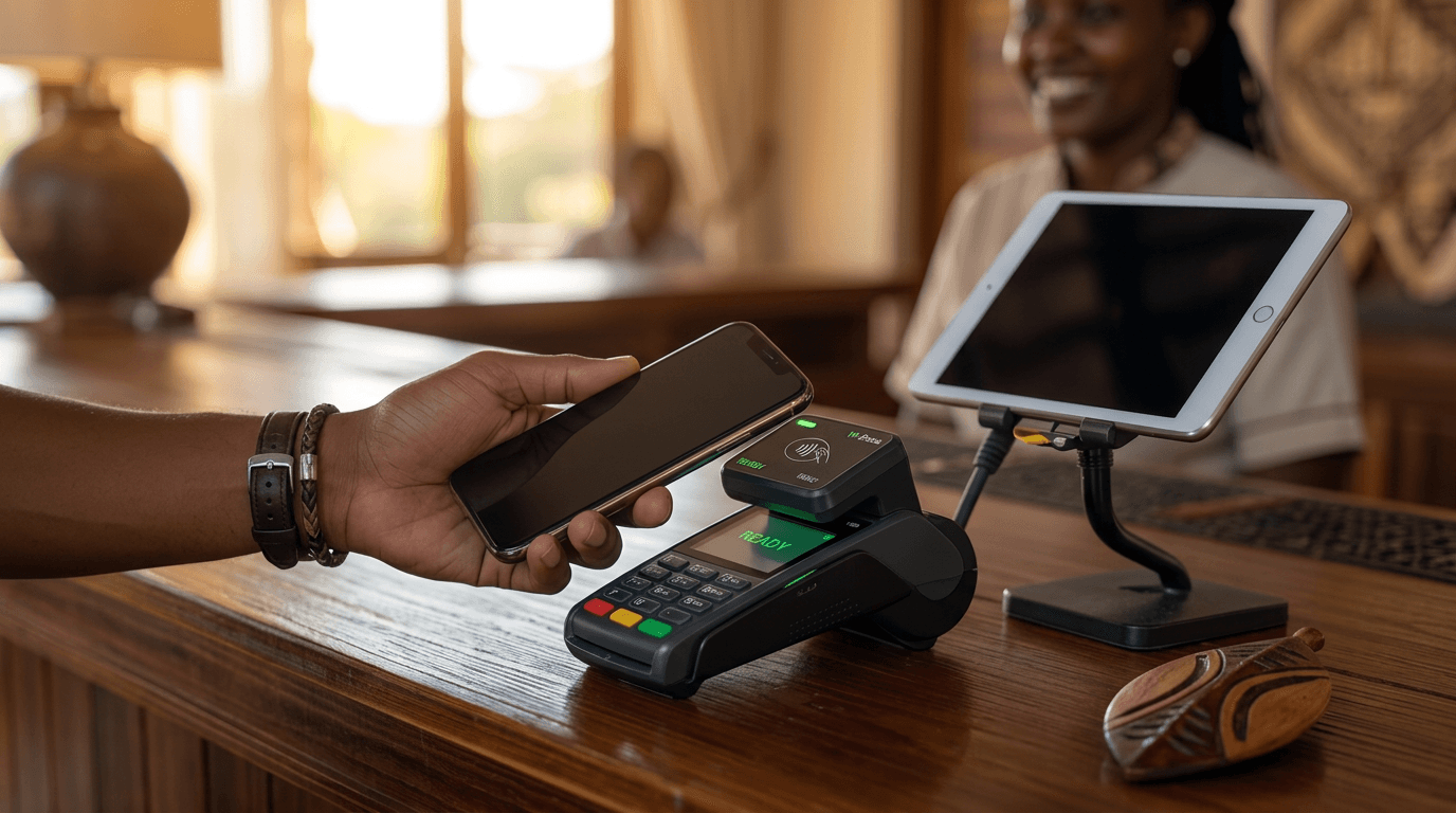 Guest tapping a phone on a payment terminal at a hotel front desk